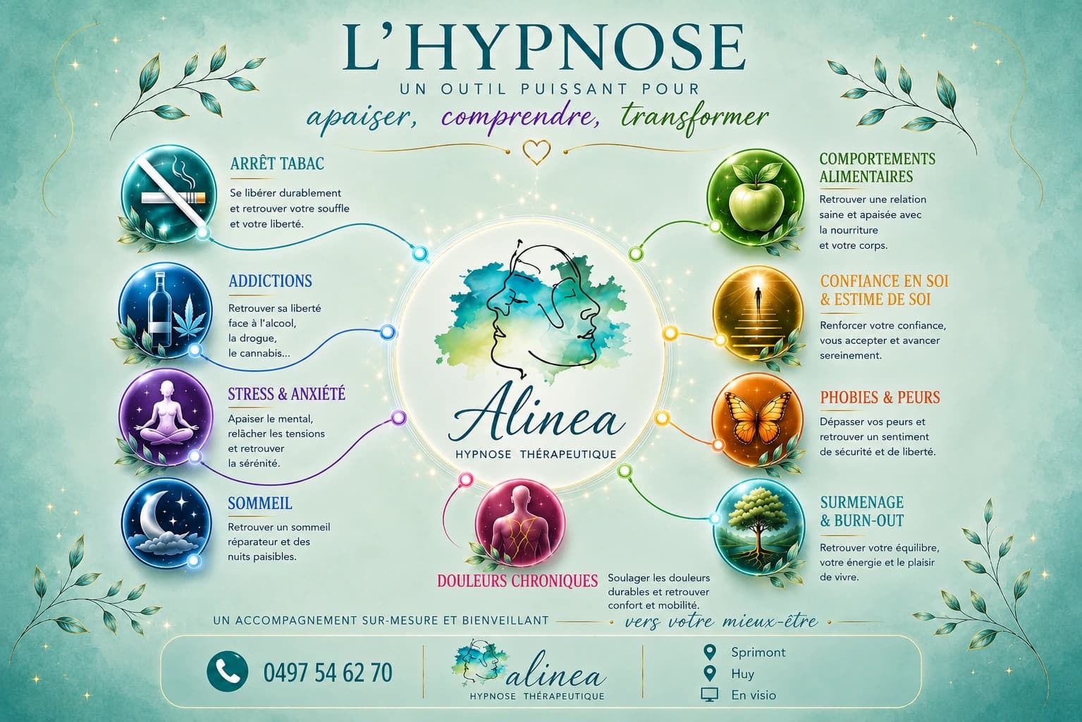Les problématiques traitées par l'hypnose : alimentation, addictions, phobies, stress, burn-out — Alinéa Hypnose Thérapeutique Sprimont et Huy